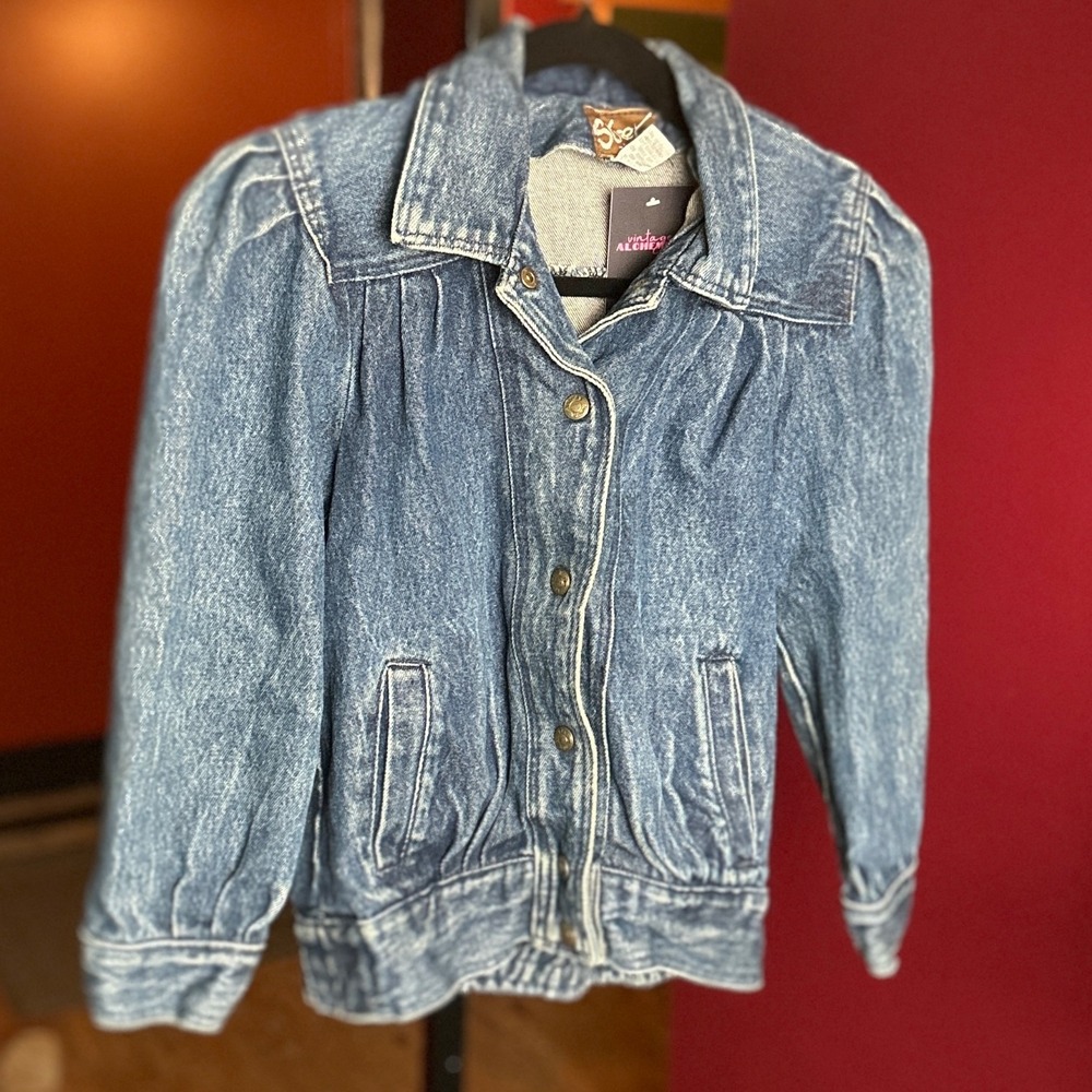 Street Worn Kids Denim Jacket Puff Sleeves Elastic Waist Blue Vintage 80s 90s